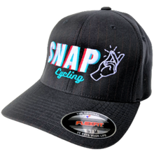 Load image into Gallery viewer, Snap Cycling flexfit podium hat black red pinstripe baseball cap angle
