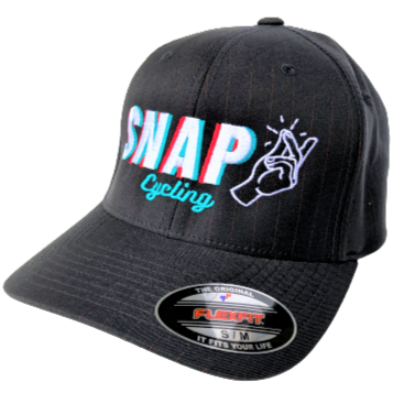 Snap Cycling flexfit podium hat black red pinstripe baseball cap angle