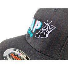 Load image into Gallery viewer, Snap Cycling flexfit podium hat black red pinstripe baseball cap detail
