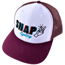 Load image into Gallery viewer, Snap Cycling trucker hat maroon baseball cap angle
