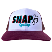 Load image into Gallery viewer, Snap Cycling trucker hat maroon baseball cap front
